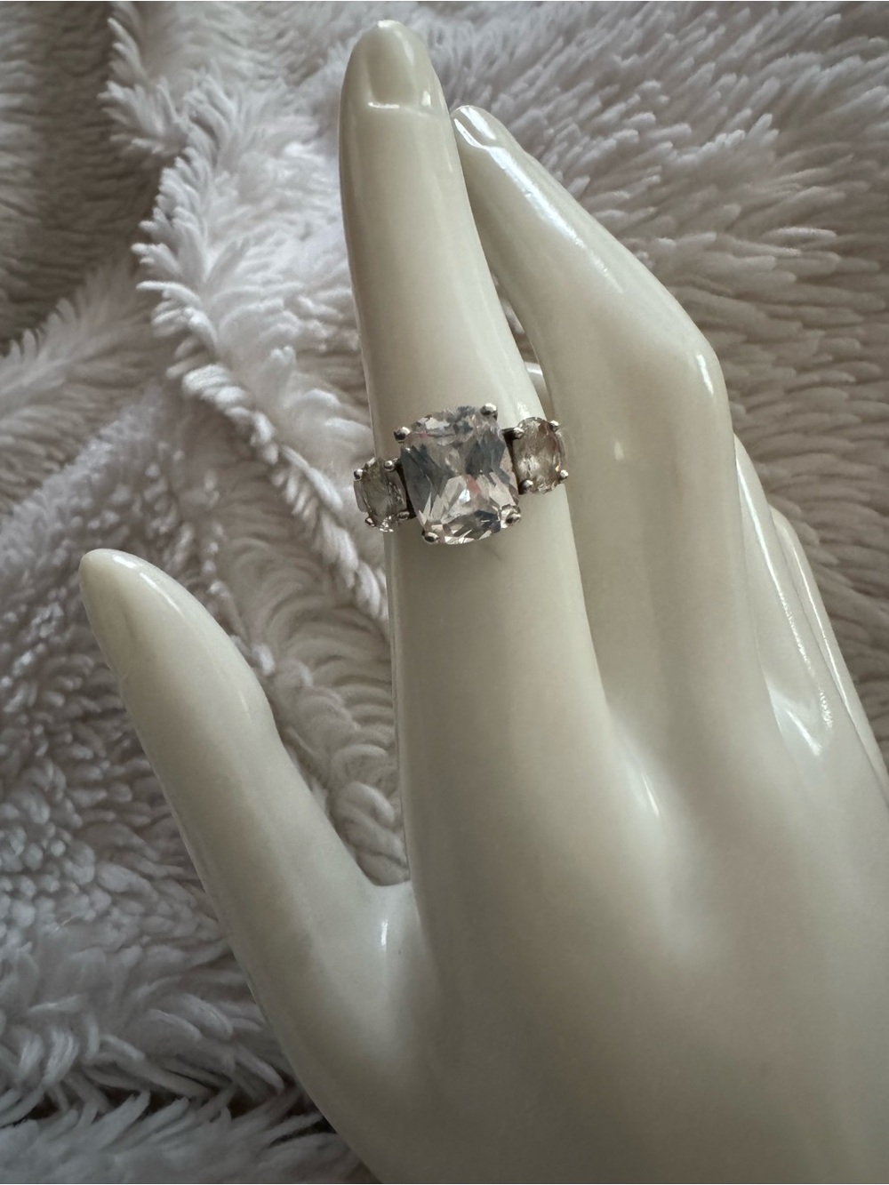 Vintage Avon Sterling Three-Stone Cushion Cut
Ring, Signed, Size 6